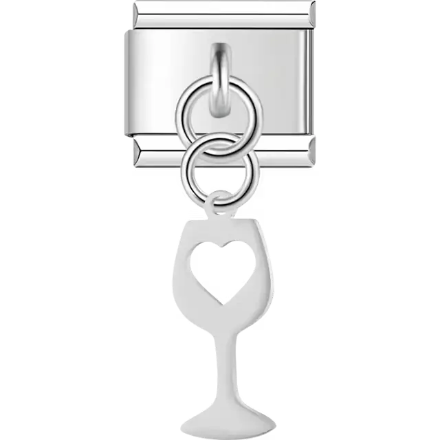 Wine glass with heart cutout dangle Italian charm bracelet link