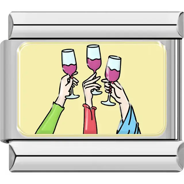 Three hands holding wine glasses filled with red wine on a yellow background Italian charm bracelet link