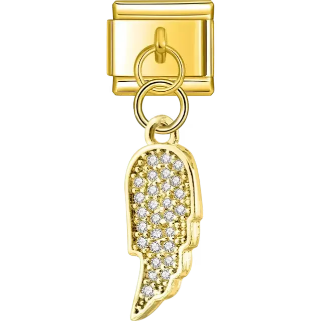 Wing-shaped dangle design with embedded crystals Italian charm bracelet link
