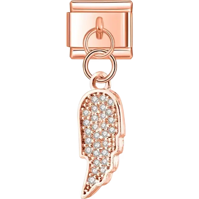 Wing-shaped dangle design with embedded crystals Italian charm bracelet link