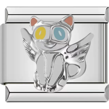 Silver winged cat with yellow and blue eyes and pink ears Italian charm bracelet link