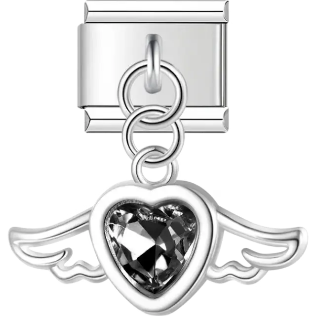 Silver winged heart design featuring a sparkling crystal center Italian charm bracelet link