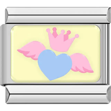 Blue heart with pink wings and crown on yellow background Italian charm bracelet link