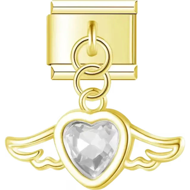 Dangling heart-shaped crystal with wings Italian charm bracelet link