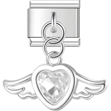 Dangling heart-shaped crystal with wings Italian charm bracelet link