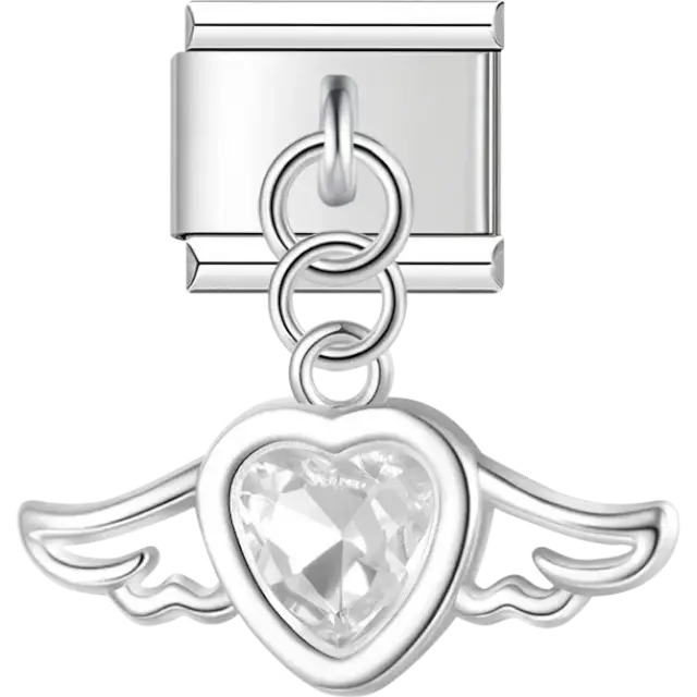 Dangling heart-shaped crystal with wings Italian charm bracelet link