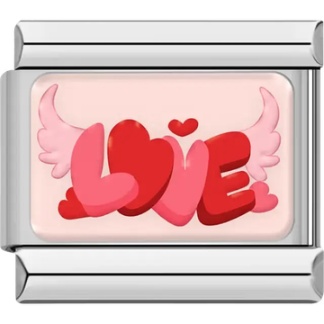 Red and pink "LOVE" text with wings Italian charm bracelet link