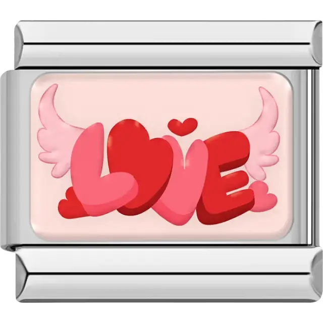 Red and pink "LOVE" text with wings Italian charm bracelet link