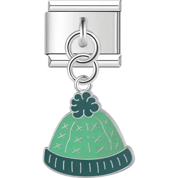 Green winter hat with dark green trim and pom-pom on dangle Italian charm bracelet link