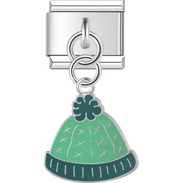 Green winter hat with dark green trim and pom-pom on dangle Italian charm bracelet link