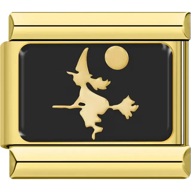 Gold witch flying on a broom with a moon and black background Italian charm bracelet link
