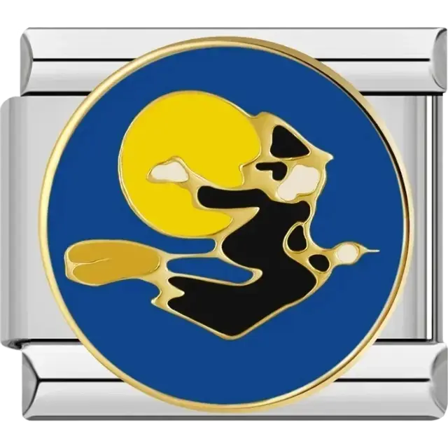 Black witch flying past yellow moon circular charm Italian charm bracelet link