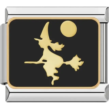 Gold witch flying on a broom with a moon and black background Italian charm bracelet link