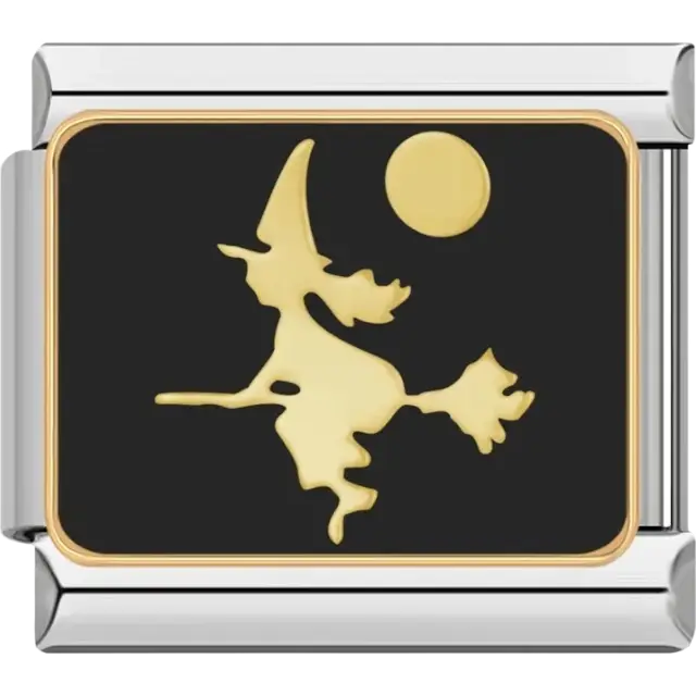 Gold witch flying on a broom with a moon and black background Italian charm bracelet link