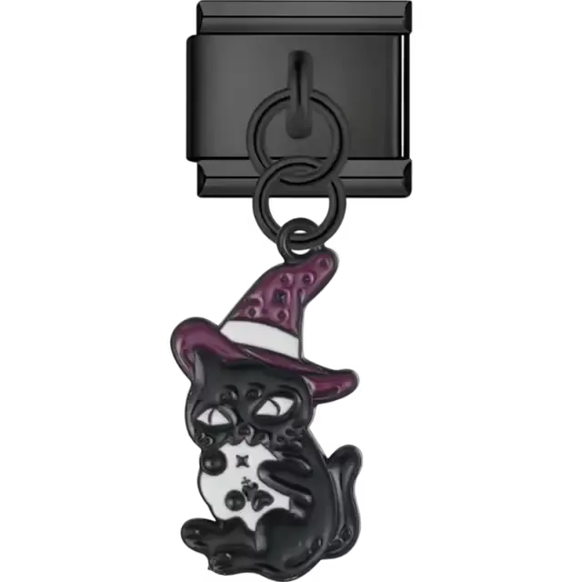 Black cat holding a star wearing a purple witch hat Italian charm bracelet link