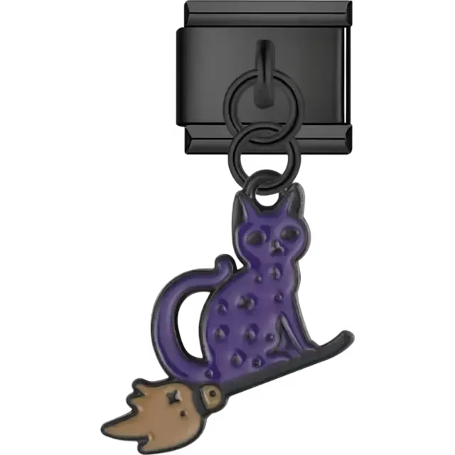 Purple cat with speckled body riding a brown broom Italian charm bracelet link