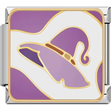 Purple witch hat with gold outline and swirling white background Italian charm bracelet link