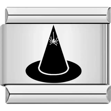 Black pointed witch hat with dangling spider Italian charm bracelet link