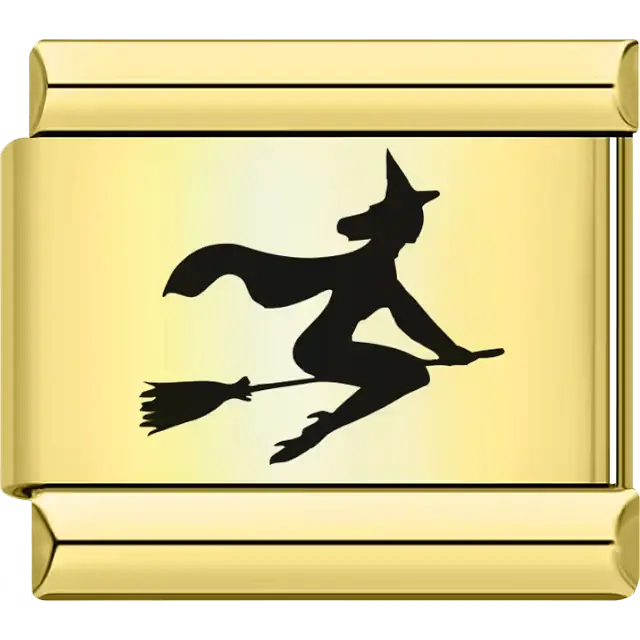 Silhouette of a witch flying on a broomstick wearing a pointed hat Italian charm bracelet link