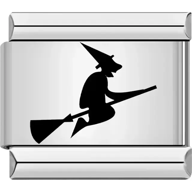 Black silhouette of witch riding broomstick Italian charm bracelet link