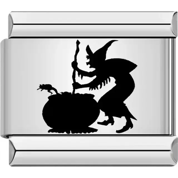 Black silhouette of witch stirring cauldron Italian charm bracelet link
