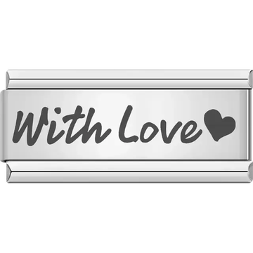 Black cursive "With Love" text with a solid heart design Italian charm bracelet link