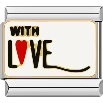 "With Love" text with red heart and black lettering Italian charm bracelet link