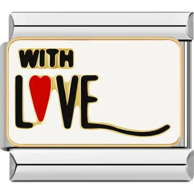 "With Love" text with red heart and black lettering Italian charm bracelet link