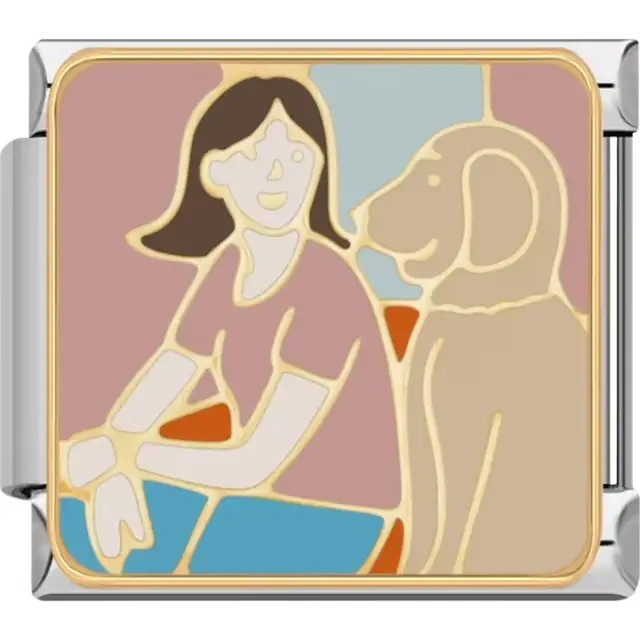 Woman sitting with a dog on a multicolored background Italian charm bracelet link