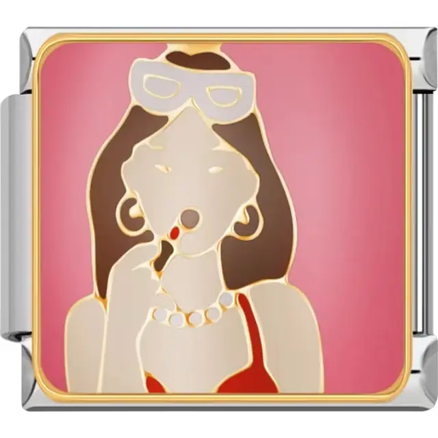 Woman with brown hair wearing sunglasses and a red dress applying lipstick on a pink background Italian charm bracelet link