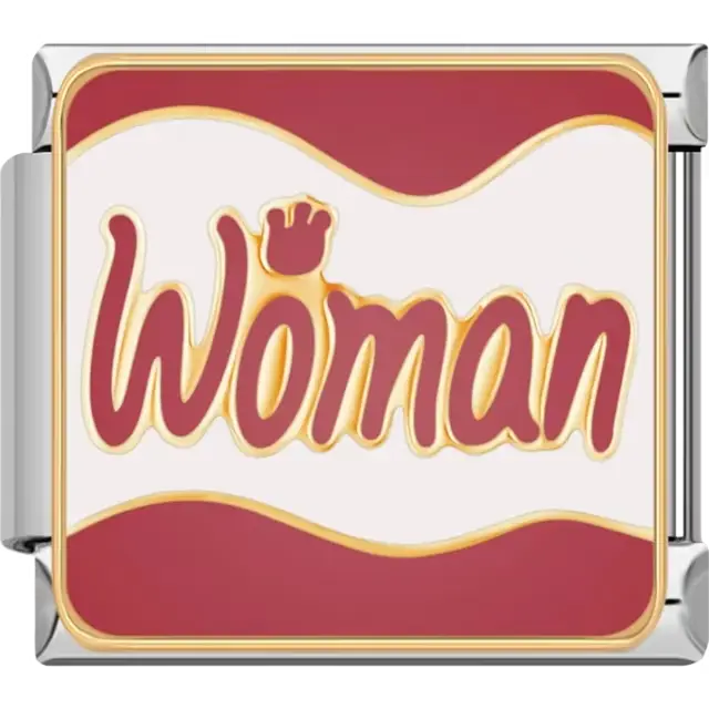 "Woman" text design with a gold crown and red background Italian charm bracelet link