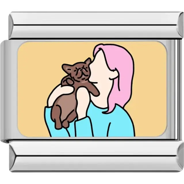 Woman with pink hair holding a brown cat on a beige background Italian charm bracelet link