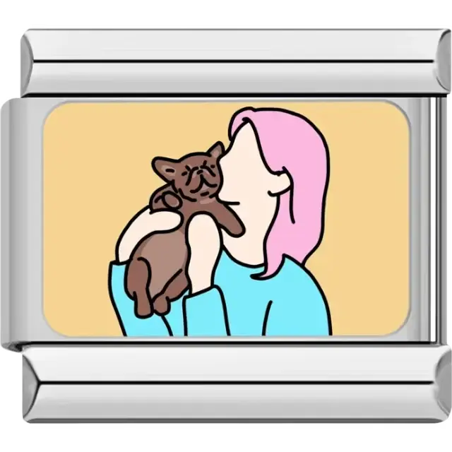 Woman with pink hair holding a brown cat on a beige background Italian charm bracelet link