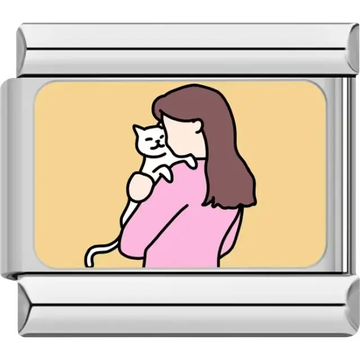 Woman with brown hair holding a white cat on a yellow background Italian charm bracelet link