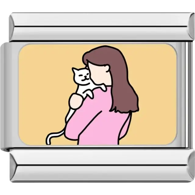 Woman with brown hair holding a white cat on a yellow background Italian charm bracelet link