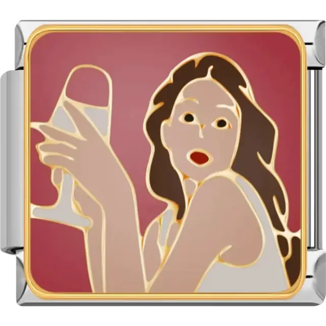 Woman with long brown hair holding a wine glass on a red background Italian charm bracelet link