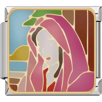 Woman wearing pink and red robes with a scenic background Italian charm bracelet link