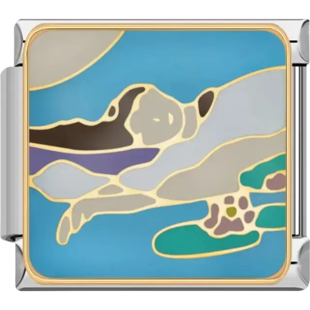 Woman with flowing hair lying in blue water with gold accents Italian charm bracelet link