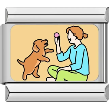 Woman with red hair holding a ball while playing with a brown dog on a beige background Italian charm bracelet link