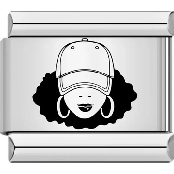 Black silhouette of a woman wearing a cap with hoop earrings and curly hair Italian charm bracelet link