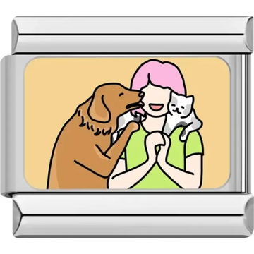 Woman with pink hair embraced by a brown dog and holding a white cat on a beige background Italian charm bracelet link