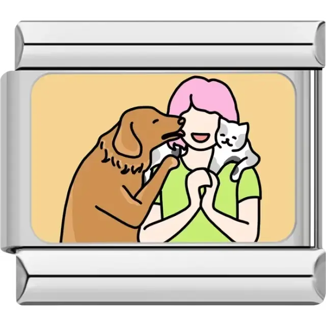 Woman with pink hair embraced by a brown dog and holding a white cat on a beige background Italian charm bracelet link