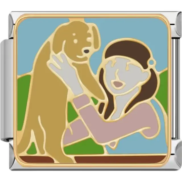 A woman holding a golden dog with a green and blue background Italian charm bracelet link