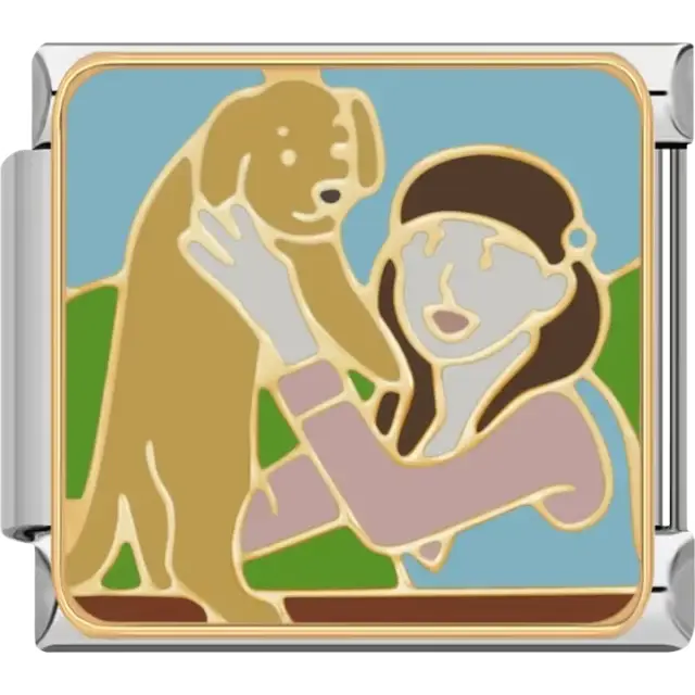 A woman holding a golden dog with a green and blue background Italian charm bracelet link