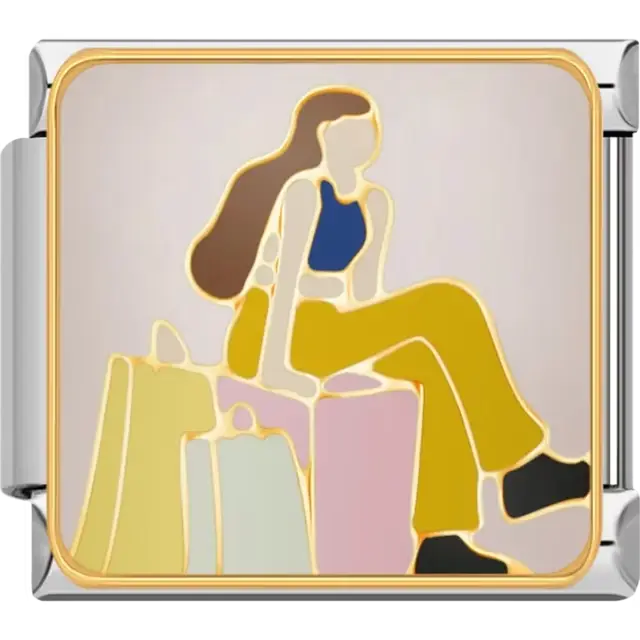 Woman sitting on pastel shopping bags wearing a blue top and yellow pants Italian charm bracelet link