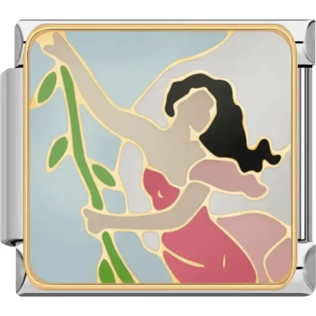 Woman in a pink dress reaching for a green vine on a light blue background Italian charm bracelet link