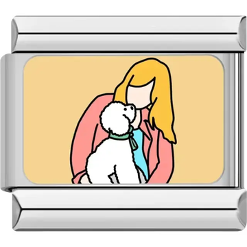 Woman with blonde hair holding a white dog on a yellow background Italian charm bracelet link