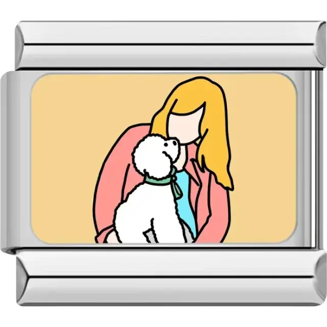 Woman with blonde hair holding a white dog on a yellow background Italian charm bracelet link