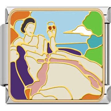 Woman holding wine glass blue sky colorful scene Italian charm bracelet link