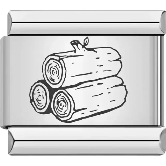 Black outline of stacked wood logs with bark detailing Italian charm bracelet link